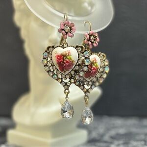 Vintage-Inspired Floral Heart Earrings with Crystals